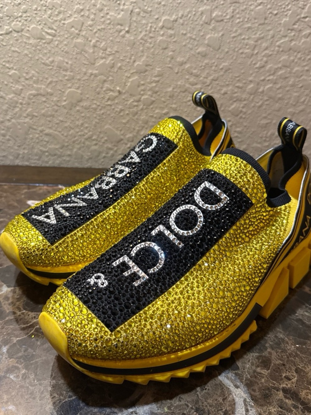 Dolce & Gabbana Yellow and Black Crystal Slip-On Sneakers